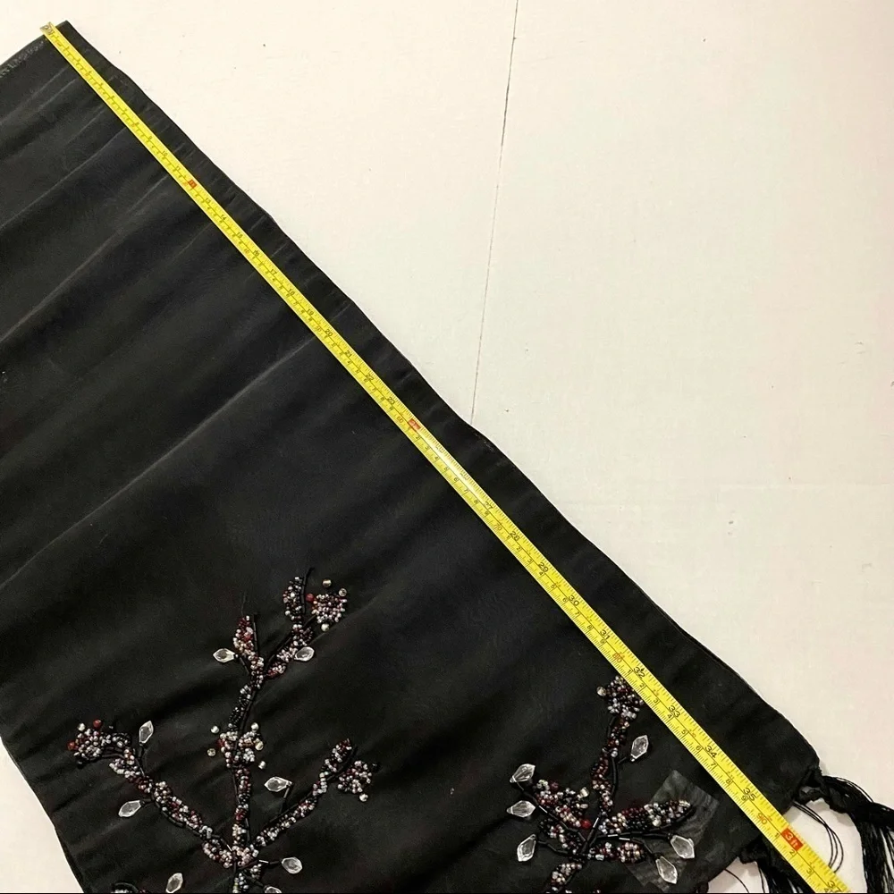Black Embellished Table Runner OS Beaded Fringes Boho Goth Whimsy Sheer